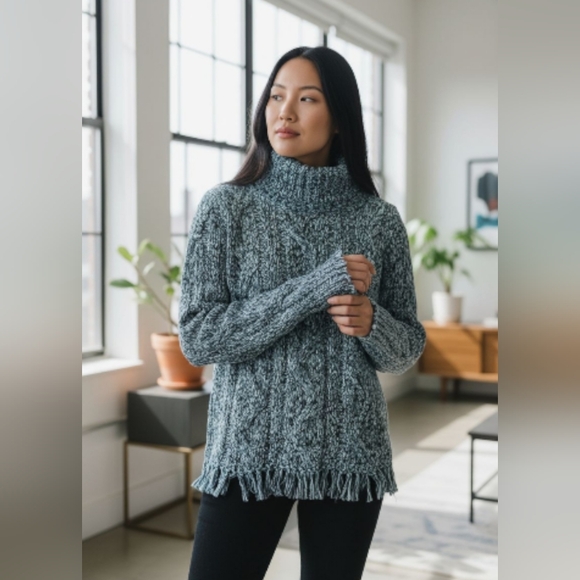 Boho Fringe Cowl Turtleneck 100% Cotton Short Sweater - Picture 3 of 10